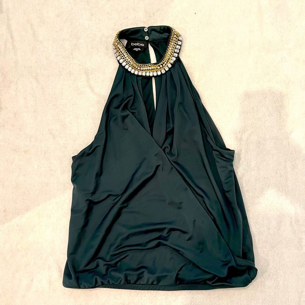 BEBE High Neck Green Blouse with Crystal detail neckline Size M